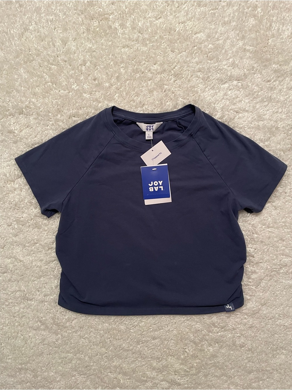 Women’s JoyLab Dark Blue Washed Jersey Cropped Short Sleeve Top Size L NWT